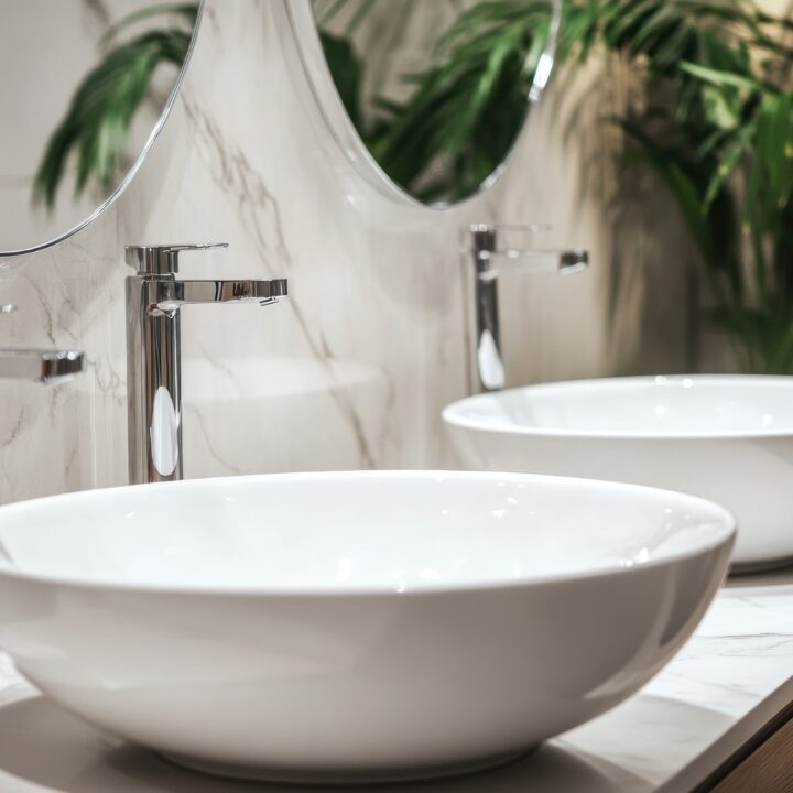 Two elegant washbasins and stylish mirrors